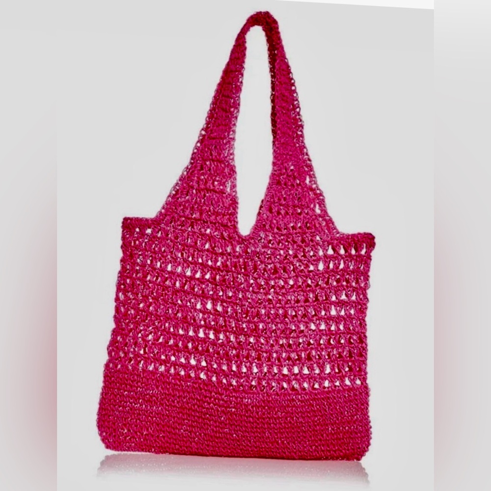 Bloomingdale’s Aqua Pink Crochet Tote Bag